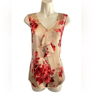 St. John Blouse Size S Beige Red Flowers Silk Satin Sleeveless V-Neck Ruffle